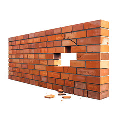 A rendered, partially destroyed brick wall with a missing section on black background