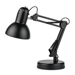 Black desk lamp with adjustable arm and circular base on a black background