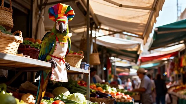 A funny parrot character wearing a colorful chef hat and apron at a vibrant outdoor fruit market stall.