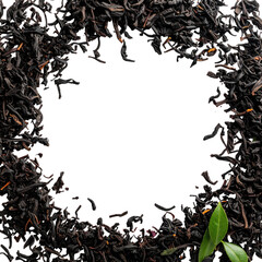Dry dark tea leaves frame a circular black void, with a few fresh green leaves at the bottom