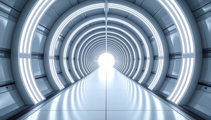 Fototapeta premium Futuristic tunnel with illuminated circular patterns leading to a bright light at the end, symbolizing hope