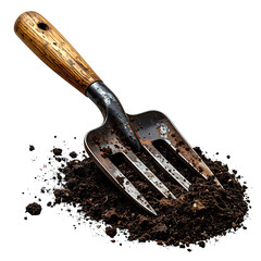A hand fork, with wooden handle and metal tines, rests in a pile of dark, rich soil