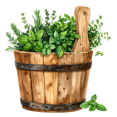 Watercolor illustration of a rustic wooden bucket overflowing with fresh, green herbs