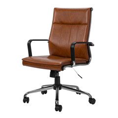 A brown leather office chair with black armrests and a chrome base, shown on black background