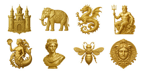 Obraz premium PNG Golden mythical creature collection, element set on transparent background