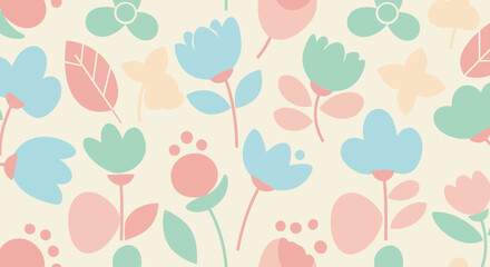 A gentle and airy flat design background featuring a seamless pattern of abstract, stylized flowers and leaves in a limited pastel color palette, perfect for various creative projects. 
