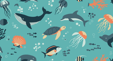 An engaging flat design seamless pattern featuring a variety of ocean animals and sea life, perfect for creating a refreshing aquatic background.