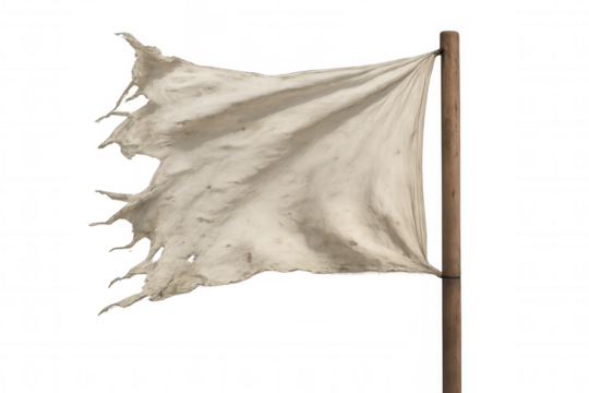 Tattered, dirty white flag waving on a wooden pole, symbolizing surrender, truce, or peace. Transparent background