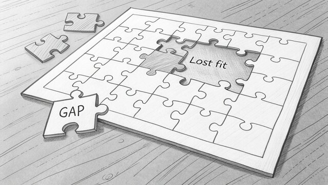 Unfinished puzzle with the phrase Lost fit and a missing piece representing the concept of gaps and completion challenges