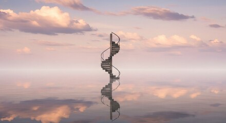 Fototapeta premium Journey to the Unknown: Endless Stairway Against a Pastel Pink and Orange Sky