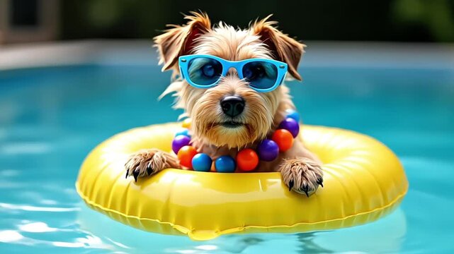 Adorable dog enjoys summer vacation in a swimming pool with sunglasses and float