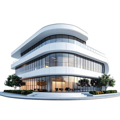 Modern, white three-story building with curved edges, large windows, and landscaping