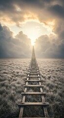 Conceptual Image: Old Wooden Ladder Ascending Through Dark Clouds to Golden Light
