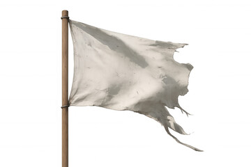 Tattered dirty white flag waving on a wooden pole symbolizing defeat, surrender, and truce
