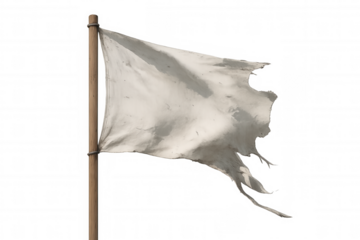Tattered dirty white flag waving on a wooden pole symbolizing defeat, surrender, and truce