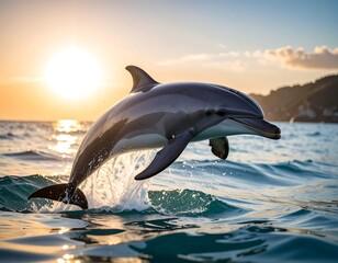 Fototapeta premium Dolphin leaps out of the water at sunset