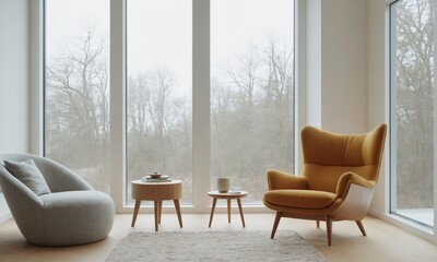 Fototapeta premium Stylish living room showcases a neutral color palette offering a modern and relaxing space with comfortable couches, natural light, and minimalist decor