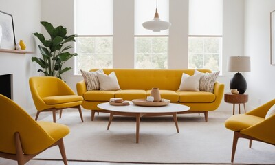 Fototapeta premium Relax in this minimalist living room with natural light and stylish decor, perfect for creating a calm and inviting atmosphere with cozy modern furniture