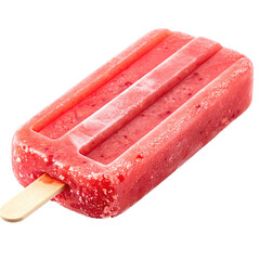Close-up of a red, rectangular frozen treat on a wooden stick. Showing berry bits
