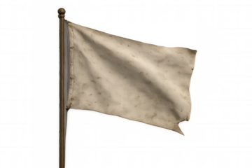 Worn white flag representing surrender and peace, flying on flagpole, isolated with transparent background