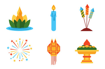 Traditional festival elements such as floating lanterns, candles, fireworks, and ceremonial offerings.