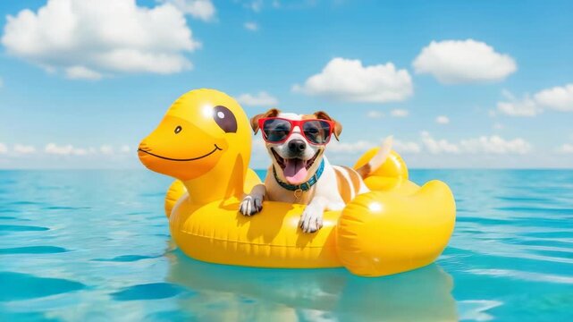 happy brown and white dog wearing red sunglasses and blue collar relaxes on large yellow duck-shaped inflatable float in calm blue water under bright sky with white clouds