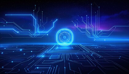 Fototapeta premium Futuristic digital landscape featuring glowing circuits and a central orb, set against a cosmic backdrop