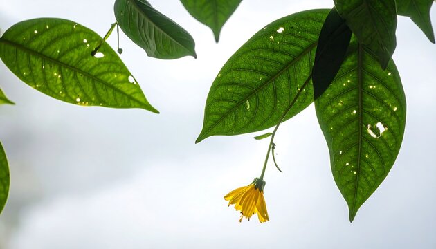 Tropical leaves with a small yellow flower