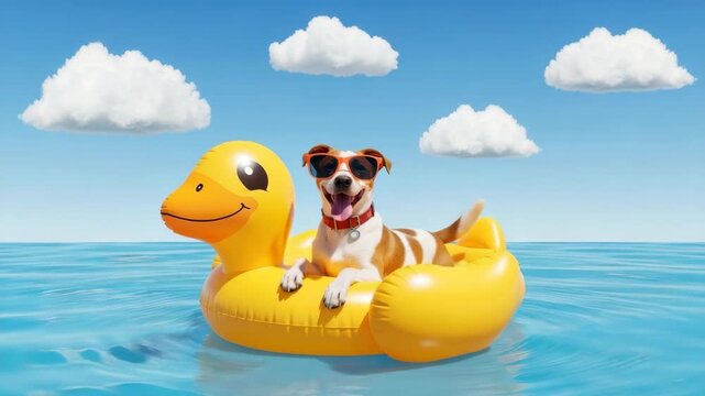 cheerful dog wearing sunglasses floats on yellow duck pool toy in calm blue water beneath bright blue sky dotted with white clouds