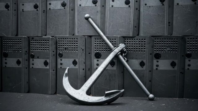 Monochrome Composition of Anchor and Batons Against a Wall of Shields