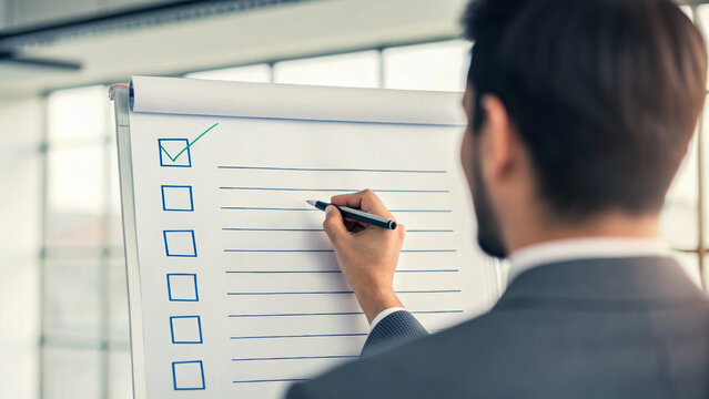 Strategic planning annual checklist meeting boardroom leader writing on flipchart with checkbox ticked