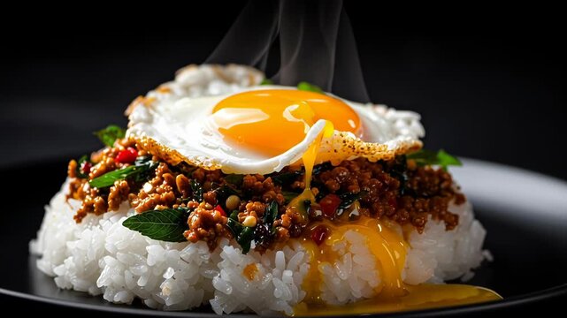 Pad Krapow Thai basil rice fried egg runny yolk minced pork spicy stir fry white rice chili garlic holy basil street food aroma comfort Thai cuisine spicy