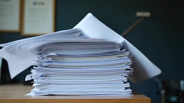 Overwhelmed with paperwork a large stack of documents sits on a desk in office