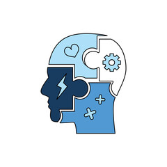 Head Silhouette with Puzzle Pieces Forming Brain in Varied Blue Tones on Transparent Background Symbolizing Mental Processes