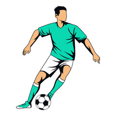 Illustration of Soccer Player Dribbling Ball in Green and White Uniform on Transparent Background