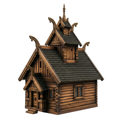 Detailed 3D Model Renders a Wooden Viking House with Ornate Carvings on Black