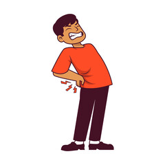 Illustration of Young Man Experiencing Back Pain in Red T-Shirt Against Transparent Backdrop, Back Pain Concept