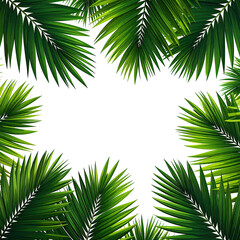Lush green palm leaves frame a blank black space, evoking tropical vibes and vibrant nature