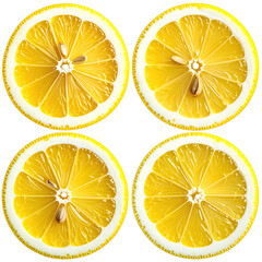 Four circular, bright yellow lemon slices, showing interior details, with seeds