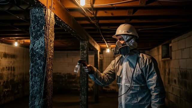 Professional Technician Inspecting Basement Mold Wearing Protective Gear with Dim Lighting