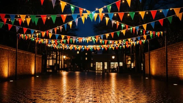 festive outdoor scene at night featuring strings of colorful pennant flags and warm string lights overhead The cobblestone path reflects the glowing lights flanked by illuminated brick walls