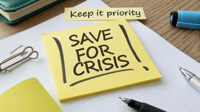 Yellow sticky note with text urging to save for crisis prioritized on desk with stationery items in a bright workspace - Powered by Adobe