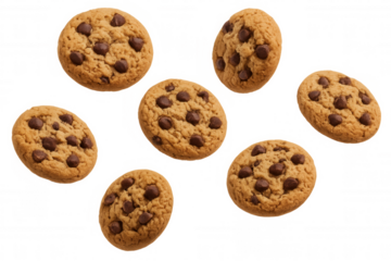 Chocolate chip cookies falling with chocolate chips visible, sweet dessert, baked on transparent background