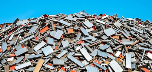 Pile of mixed stainless steel scrap metal pieces, processing, stainless steel scrap