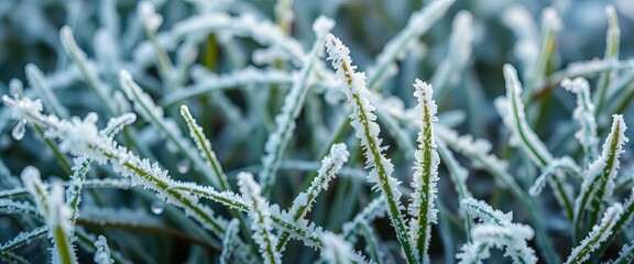 Delicate, frost-covered blades of grass, icy texture, winter scene,  natural,  botany
