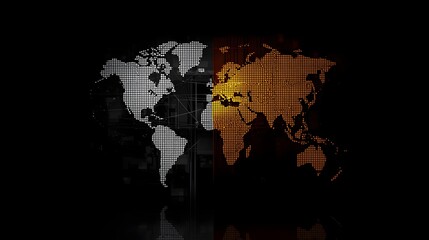 Creative world map design showing highlighted continents in bright orange on a dark textured background, symbolizing global connection, geography, technology, and modern international concepts.