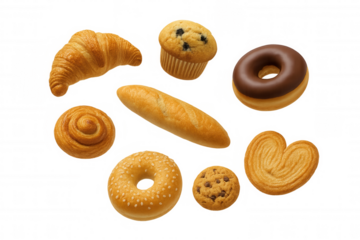 Freshly baked bakery items assortment with croissant, bagel, muffin, cookie, bread, chocolate donut, palmiers