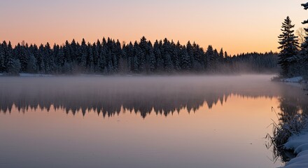 Fototapeta premium Tranquil Winter Lake with Misty Forest Reflection at Dawn