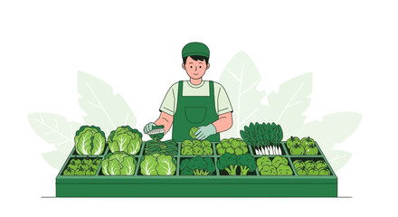 Fresh Produce Display: A Graphic Depiction Of A Friendly Grocer Presenting Vegetables
