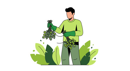 Farmer Working With Herbs: Illustration of Agriculture, Gardening and Fresh Produce